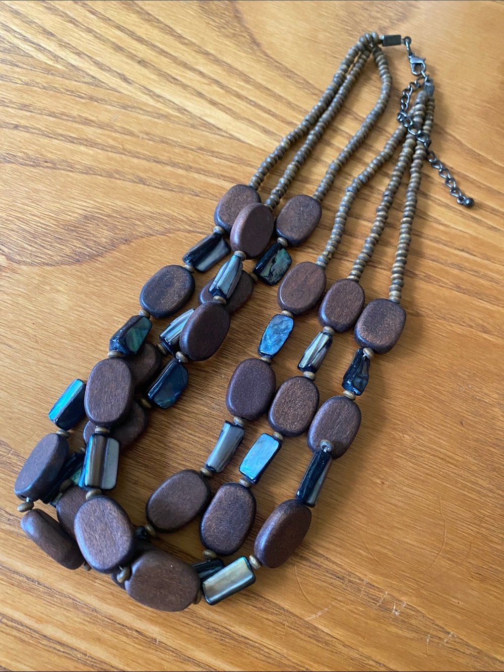 Multi-Strand Brown Wood and Blue shell Bead bohemian adjustable Necklace